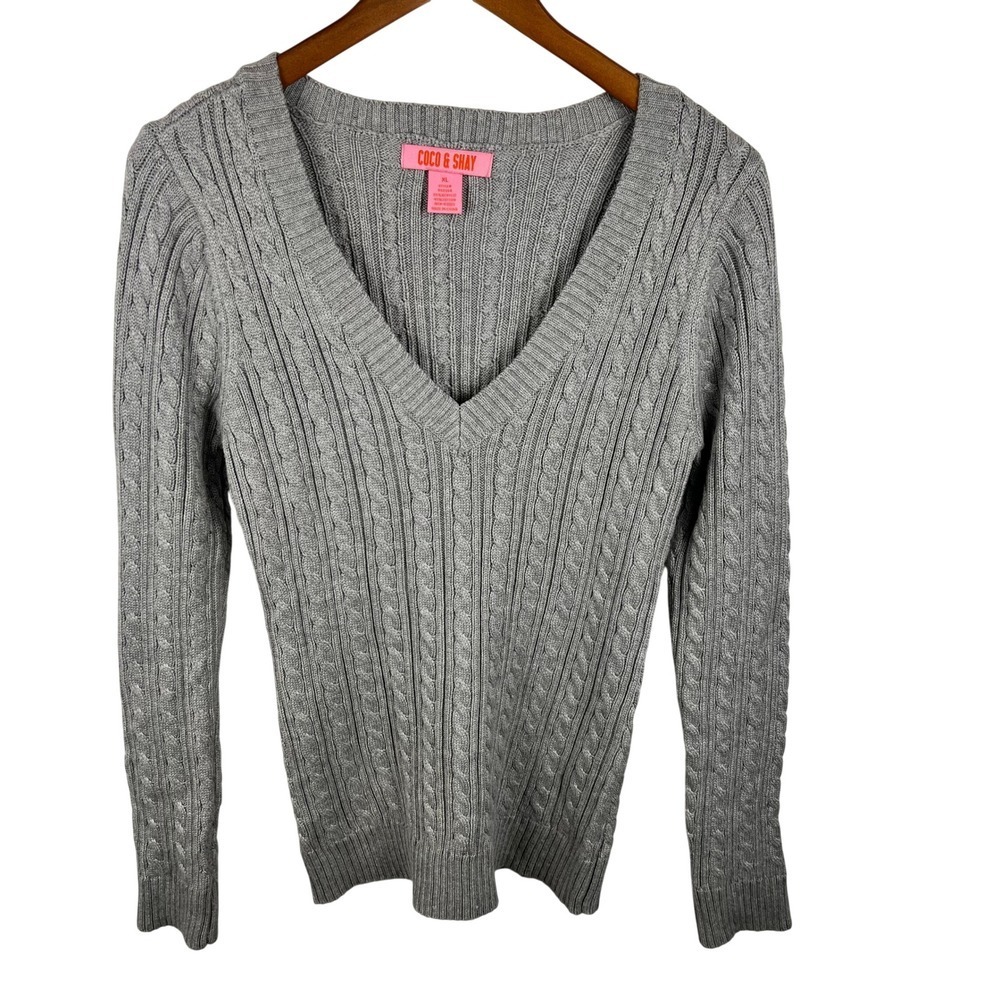 Gray Cable Knit V-Neck Sweater XL Coquette Preppy Old Money Y2K Fisherman